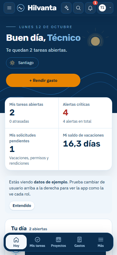 Inicio en el teléfono, con el saludo, las tareas abiertas, el saldo de vacaciones y la barra inferior.