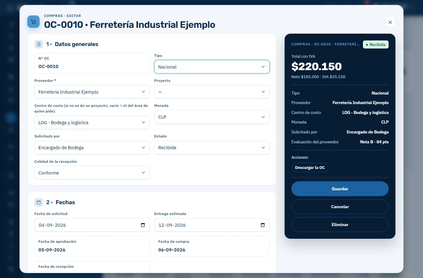 Ficha de una orden de compra con sus datos generales y, a la derecha, un resumen con el total con IVA, el proveedor y su evaluación.